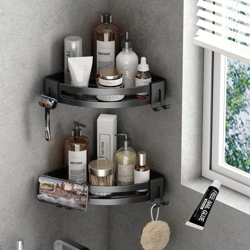 VOLPONE Corner Shower Caddy with Razor Holder Adhesive Shower Shelf Corner No Drilling (adhesive mounting, no suction cup) Bathroom Shower Organizer Storage Rack (2-Pack, Black) - Image 1